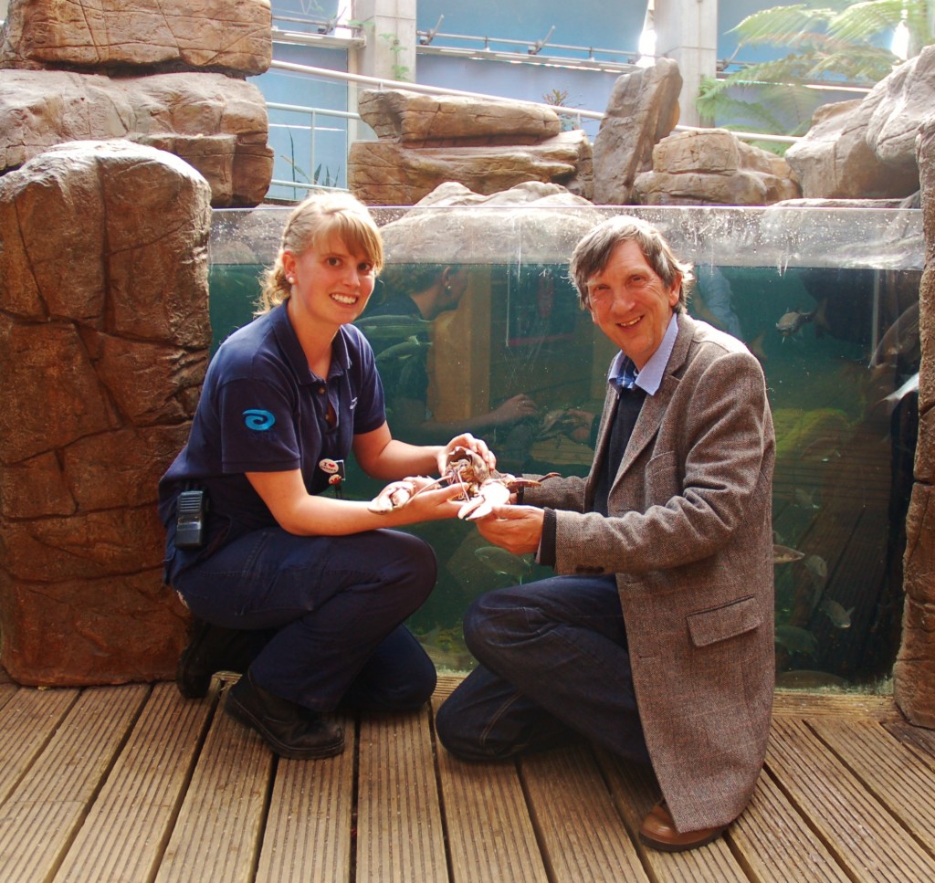 Bristol Aquarium's Olivia Orchart with Satsuma the lobster's moult and BBC Natural Histories presenter Brett Westwood