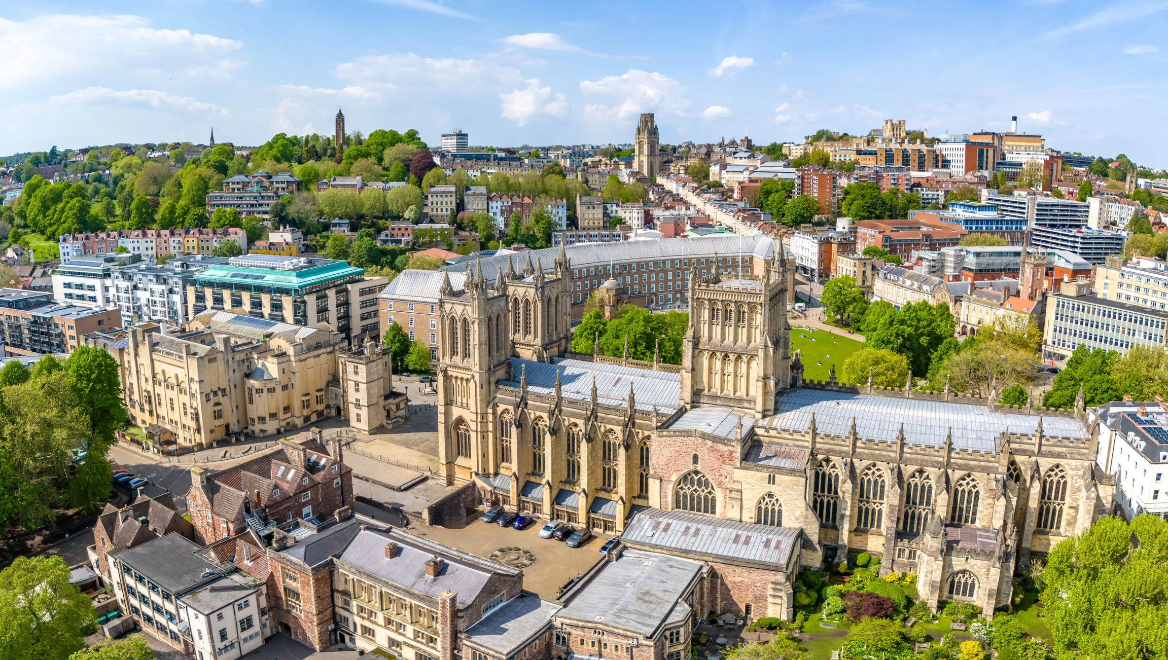 Aerial view of Bristol Cathedral in city centre